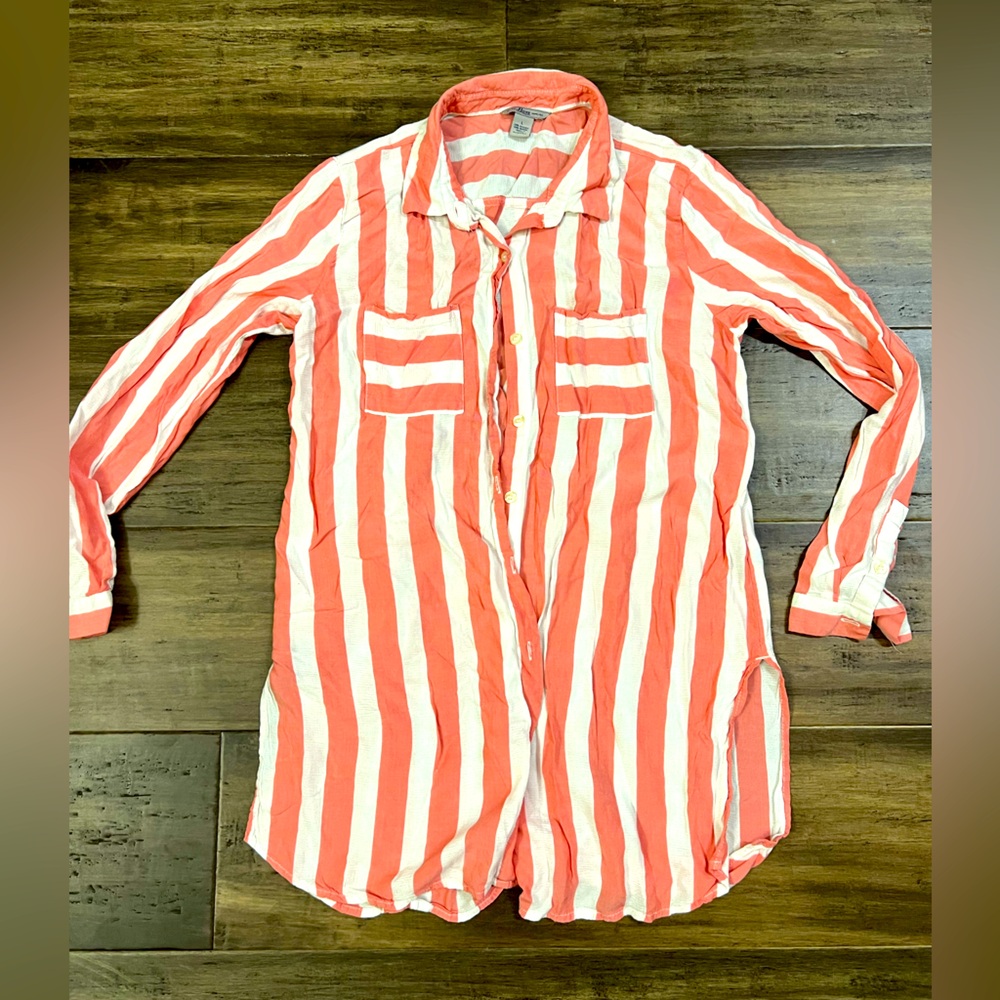 BASS ladies coral white striped light summer long sleeve button down shirt